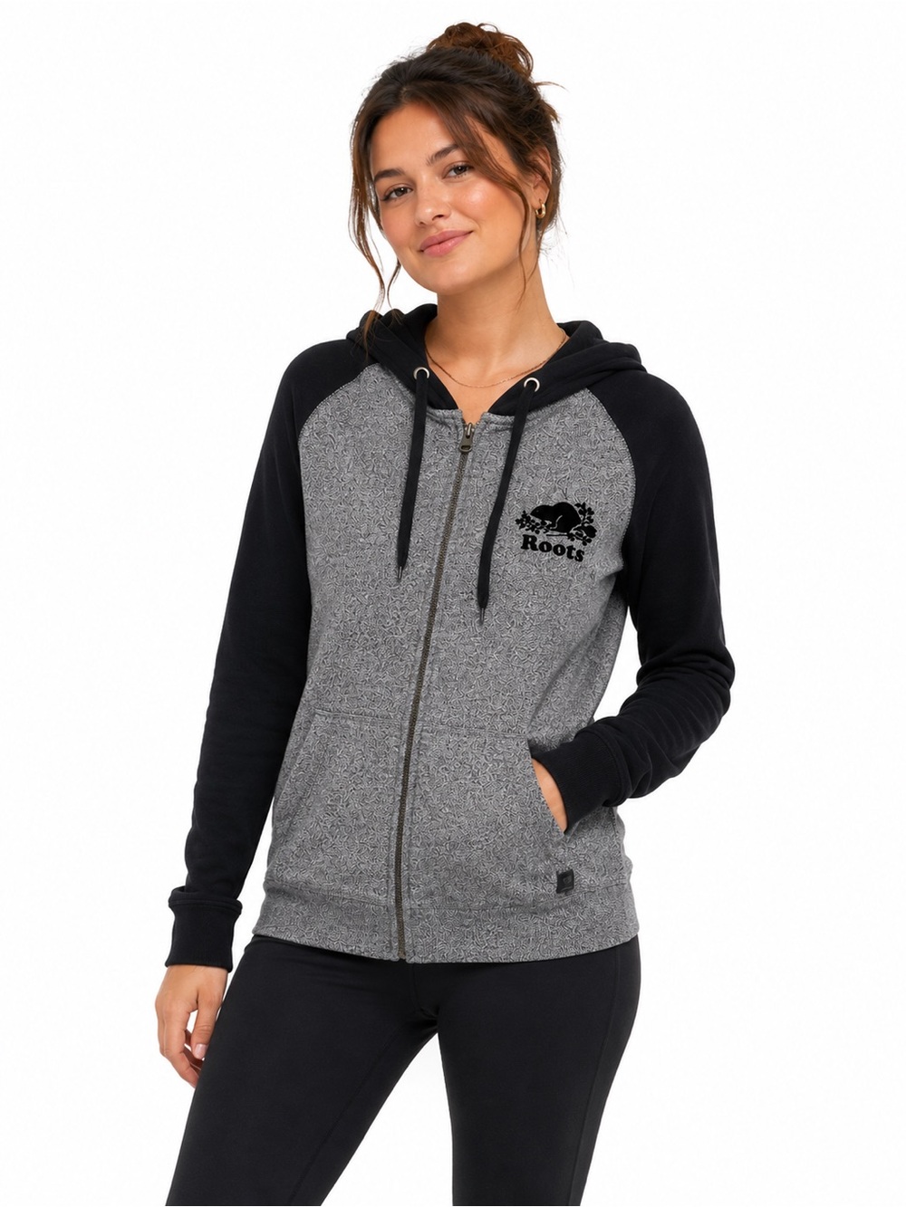 Roots Canada Women Small Salt & Pepper Full Zip Hoodie Black Grey RN89323